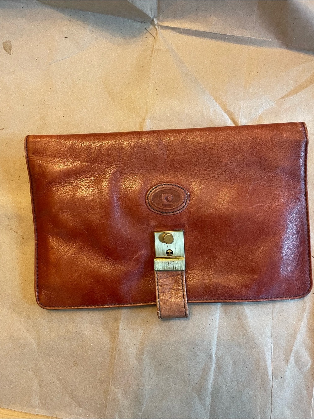 Pierre Cardin Chestnut Brown Leather Men's Clutch with Brass Accent